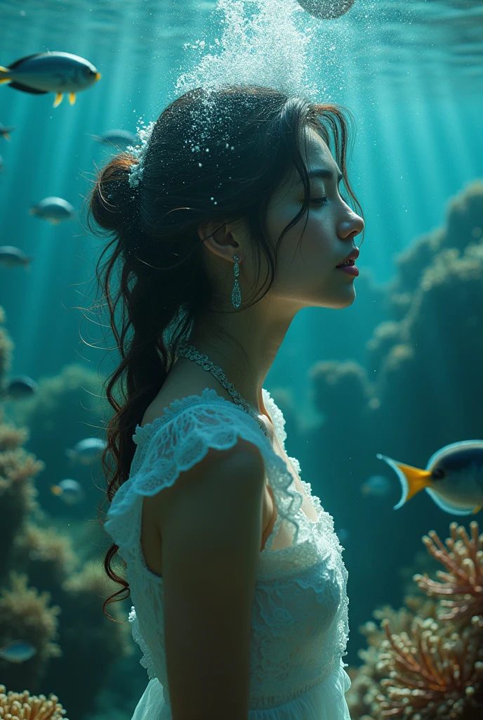 Mysterious girl 20th old years, underwater world, with colorful coral reefs, exotic fish, and dancing seaweed, adorned with droplets of ocean spray, symmetry, shot by Dawoud Bey, colored by Patrick Nagel