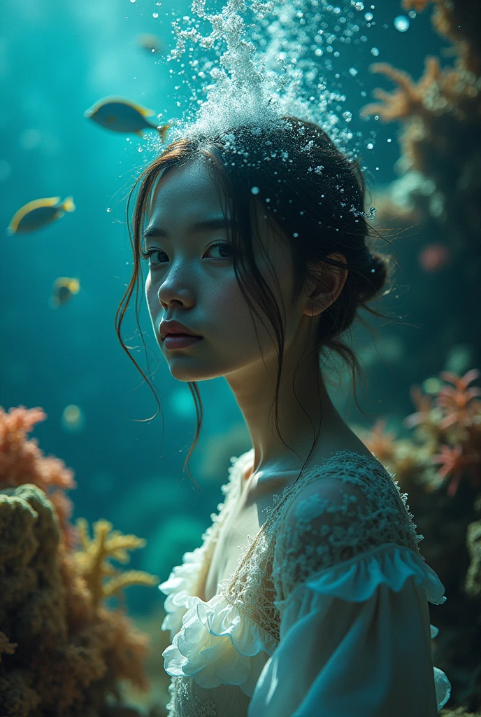 Mysterious girl 20th old years, underwater world, with colorful coral reefs, exotic fish, and dancing seaweed, adorned with droplets of ocean spray, symmetry, shot by Dawoud Bey, colored by Patrick Nagel 