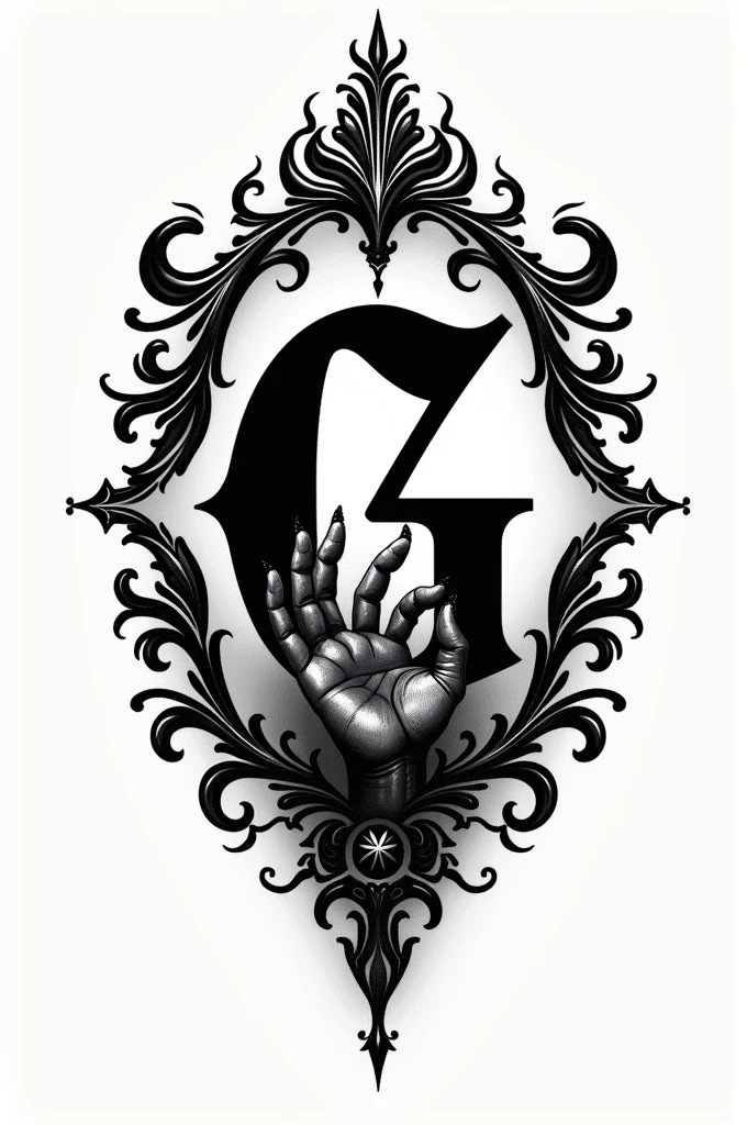 create a tattoo logo with ornaments around the letter G highlighted with the gothic font and with a zombie hand