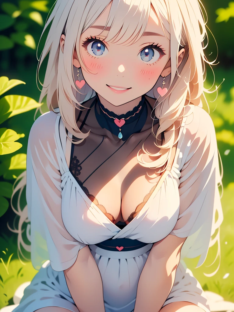 (Exquisite, beautiful, Very detailed, masterpiece, high quality,High resolution),(Well-formed face,Soft and thin lines: 1.2, Beautiful and delicate illustrations with a mature and transparent feel, Pixiv-inspired anime illustration,A beautiful girl illustration with a cute smile in pastel colors that would go viral on Twitter among Japanese people),A fashion model, who looks like a pure college student, is posing like a model.,A delicate face with a translucent quality, Summer outfit,( beautiful smile),(Slightly wavy, flowing medium-length hair), (A pale pink blush, Plump pink lips,Quite a large bust,Fair skin, Good style,Long, slender legs),Hearts float,