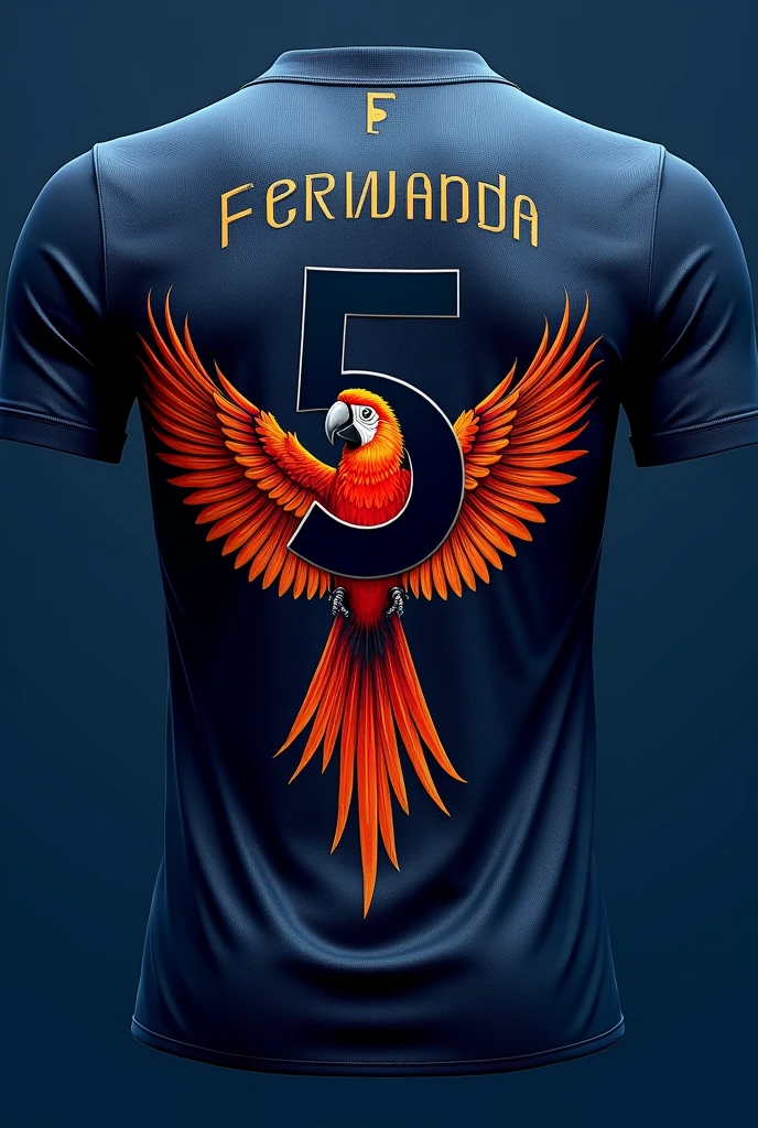 Dark blue football shirt BACK On the back a large macaw in a reddish gold color open flying in the center of the shirt Large black number 5 on top of the macaw And the name Fernanda at the bottom