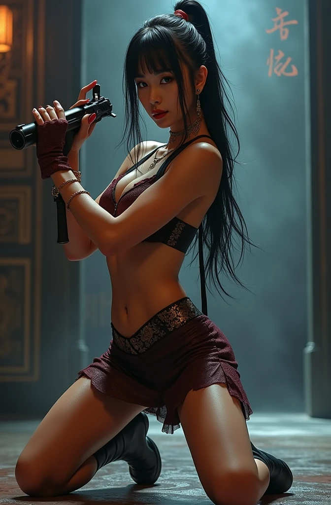 (masterpiece, Best Quality, High resolution, 32K HDR),year of dragon,chinese Mafia girl, man harem,strong woman,black long hair,