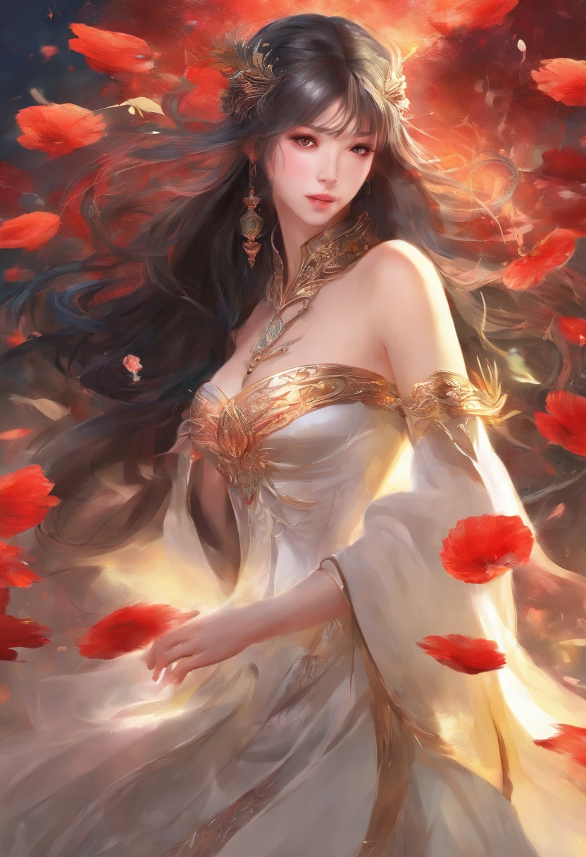best quality,masterpiece,Ultra-high resolution,truthfully:4：0,Fairyland,Dark clouds, tornado,Iron Fan Princess,Long flowing hair,Handsome and cool face,Mi Yue&#39;s eyes,Large Breasts,thin waist,Charming and slender,Dressed in eye-catching red and black clothing,Holding a banana fan