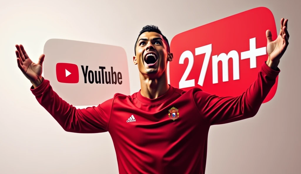 "27 Million in 24 Hours!
"Ronaldo Breaks YouTube Record"Additional Elements:Use Ronaldo's image with a surprised or victorious expression.Include the YouTube logo.Add a large subscriber count icon (e.g., "27M+" or "27 Million Subscribers")