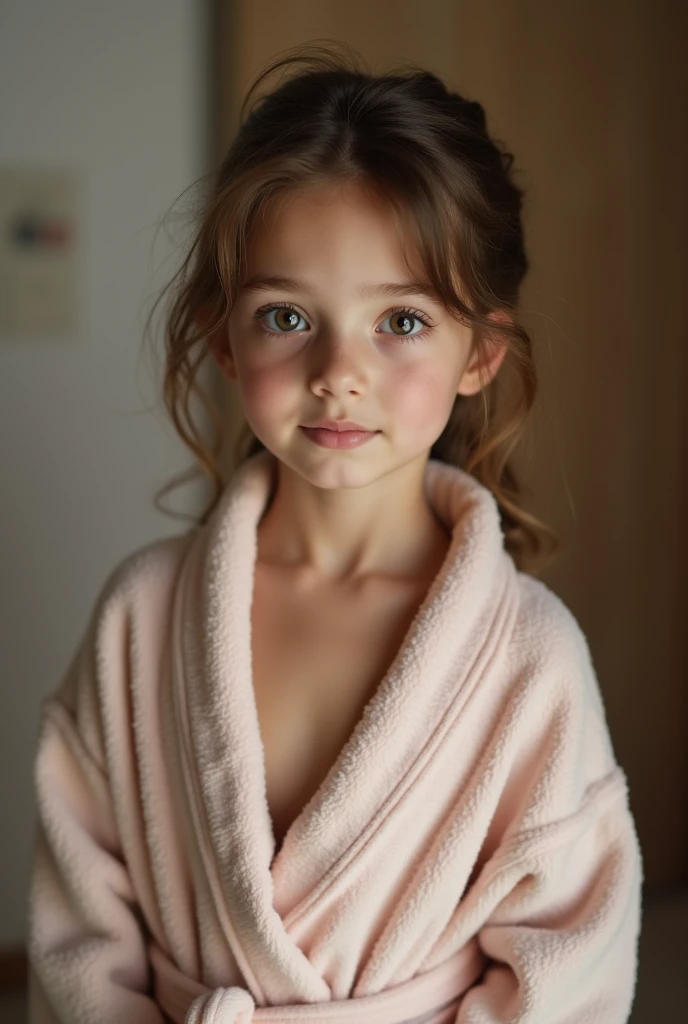 cute 12 year old girl, Cum on face, slim figure, naked , photo taken from above, detailed face, pretty eyes, long eyelashes, cute expression, cozy living room, photorealistic, 4k, high quality,open bathrobe