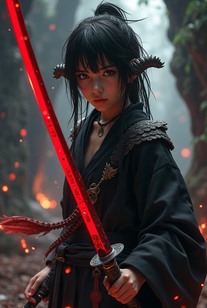 Dark-haired teenager with red katana, brown hair and brown eyes, with dragon features