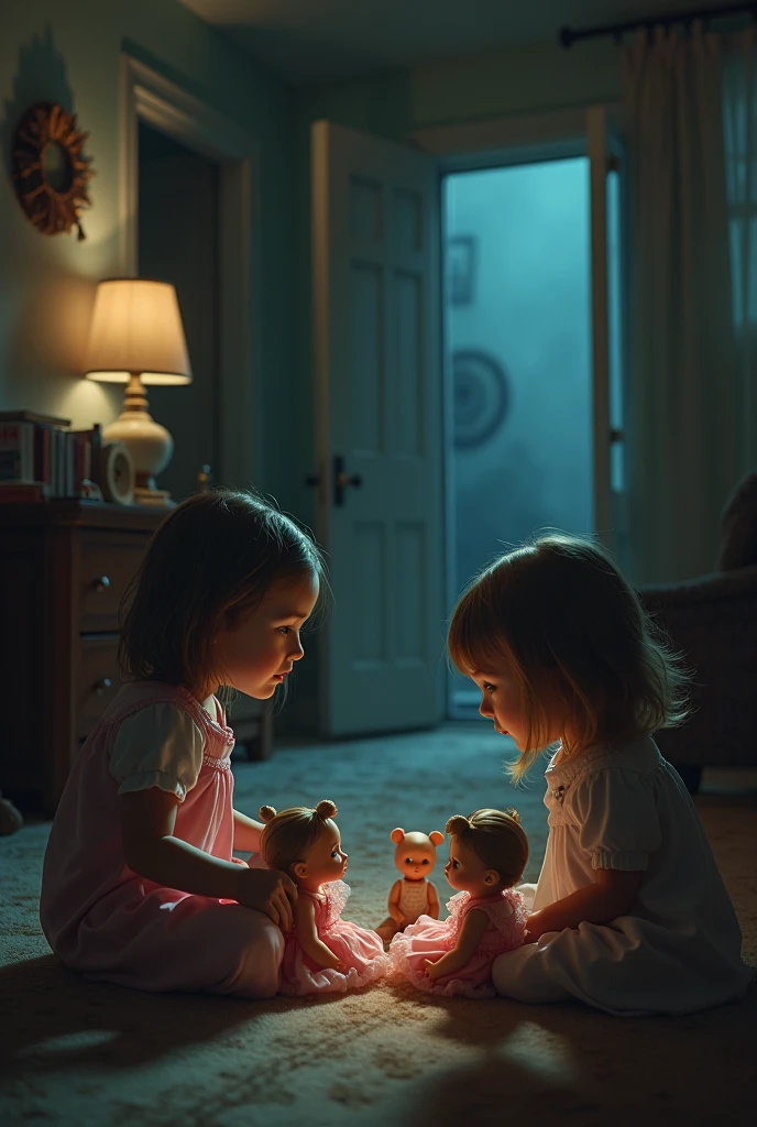 Make a realistic image of two girls playing dolls in their living room at night, one girl is and the other is ., The May girl asks her father what is behind a door in a horror environment