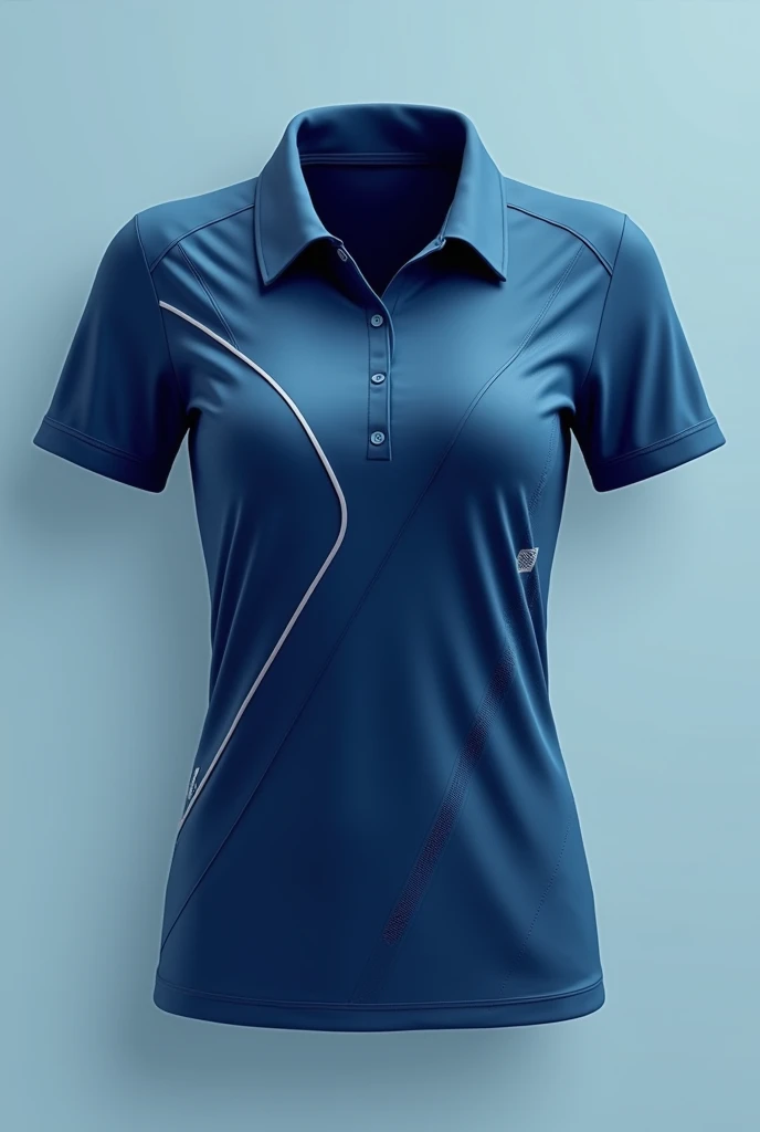 Create a feminine sports polo shirt that has designs in dark blue and light blue colors