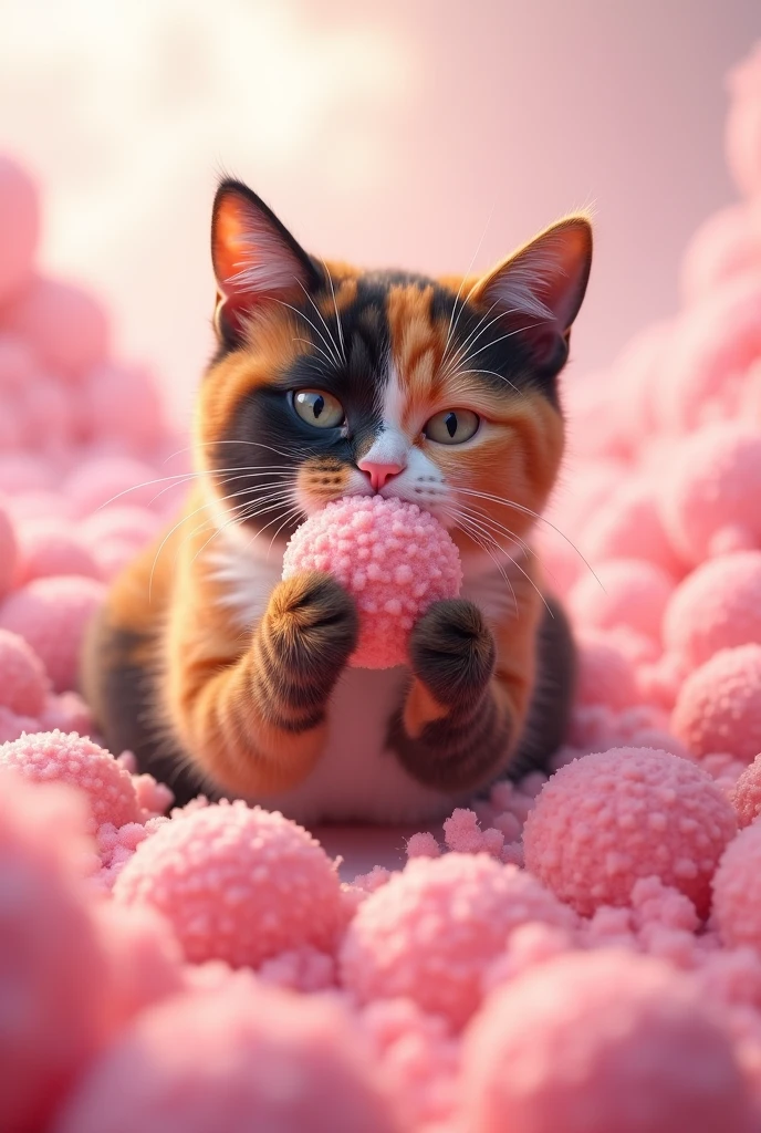 Tortoiseshell cat eating a bottomless pink mochi 









