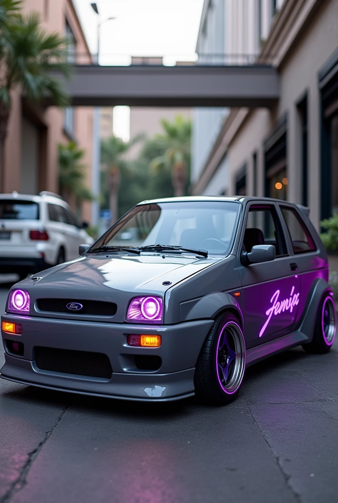 Ford Festiva 2000 front with original headlights with angel eyes, color grey fighter and purple, with body kit and side spoilers with lambo type doors