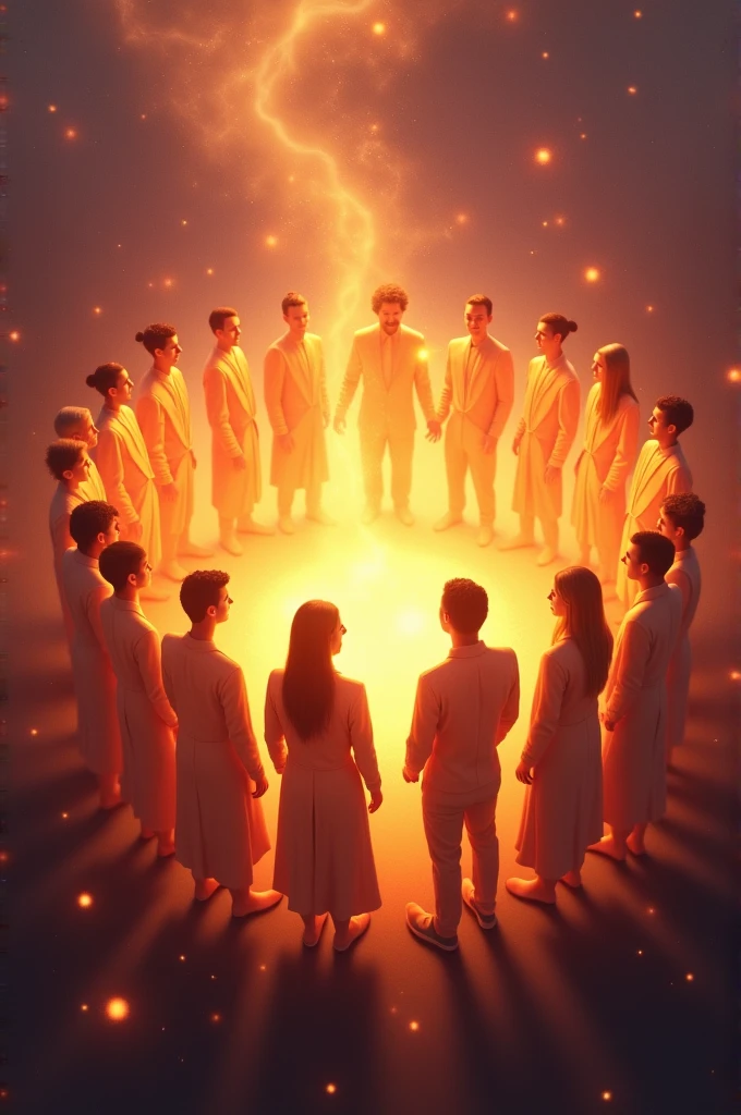A group of people standing together in a radiant circle, with each person glowing brightly, representing the concept of surrounding yourself with positive, energizing individuals. The scene is set against a glowing, dreamlike background filled with light and vibrant colors, reflecting the power of uplifting connections.
