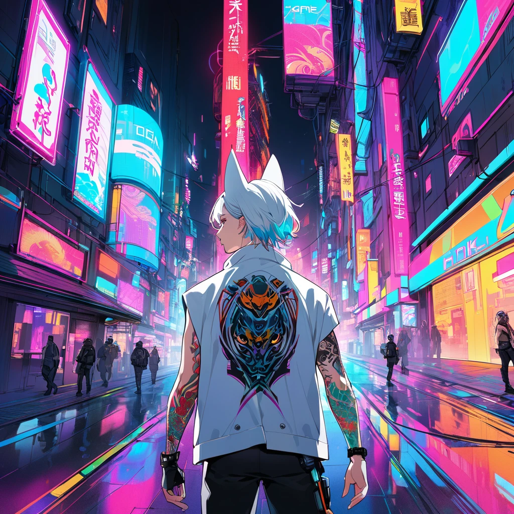 1man, medium white hair with pink and cyan tips,Muticolored hair, fox ears, purple eyes, wearing a white coat, wearing black pants, wearing black undershirt, tattoos on arms, colorful koi tattoos, cyberpunk, profile picture perspective, neon
