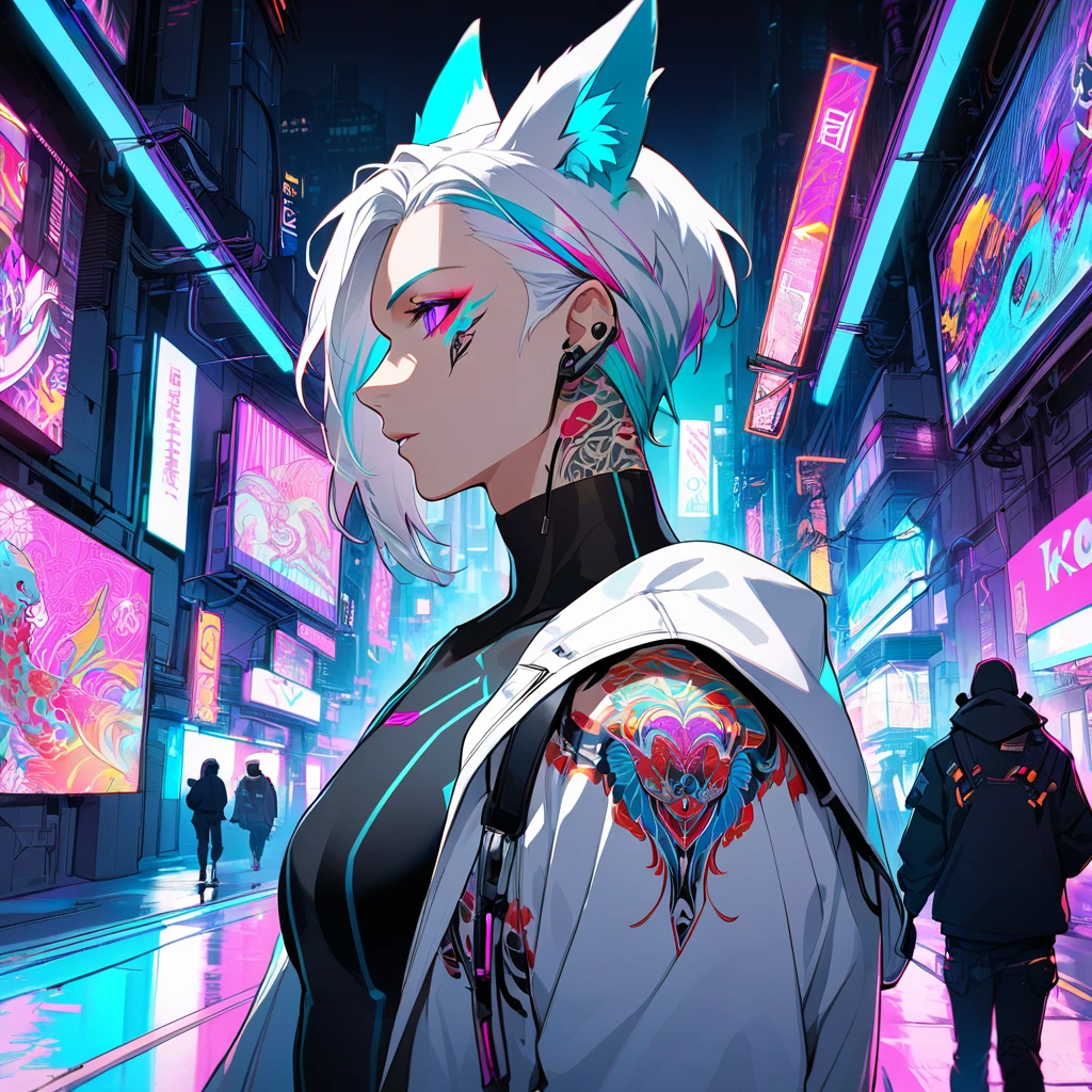 1man, medium white hair with pink and cyan tips,Muticolored hair, fox ears, purple eyes, wearing a white coat, wearing black pants, wearing black undershirt, tattoos on arms,  colorful koi tattoos, cyberpunk, profile picture perspective, neon