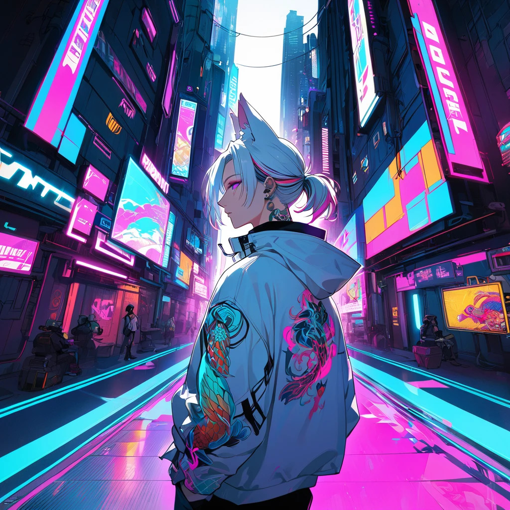 1man, medium white hair with pink and cyan tips,Muticolored hair, fox ears, purple eyes, wearing a white coat, wearing black pants, wearing black undershirt, tattoos on arms,  colorful koi tattoos, cyberpunk, profile picture perspective, neon