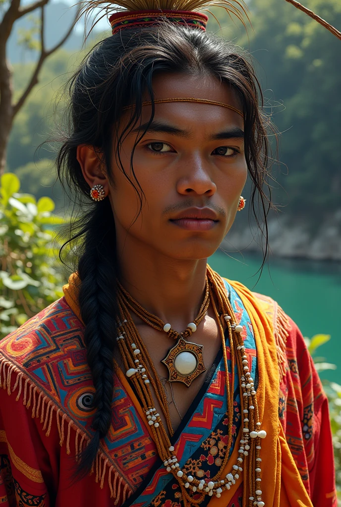 Young Asian man in Brazilian indigenous clothing. Tall and handsome with fiery hair. extremely pretty