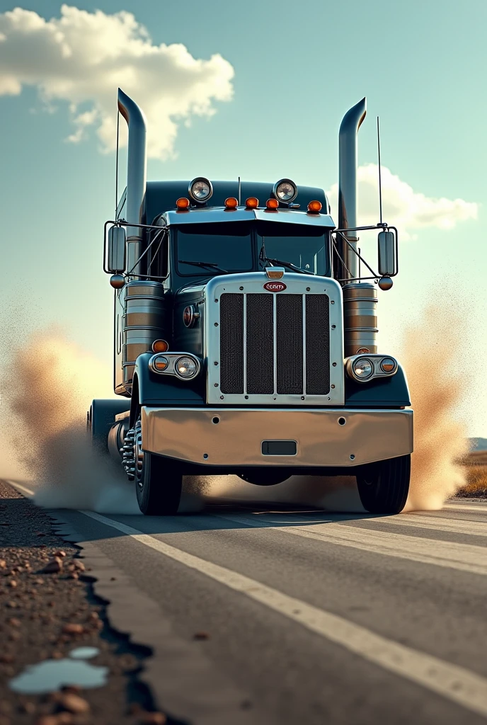 A Peterbilt 357 truck breaking the asphalt at high speed