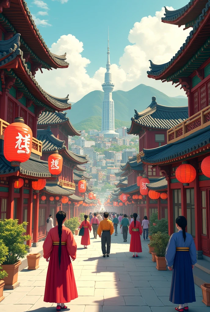 I want you to create an illustration that represents an imaginary city, Inspired by Korean culture. Includes elements such as Hangul, modern buildings and natural symbols. Use a warm color palette and have Korean symbols walking down the streets