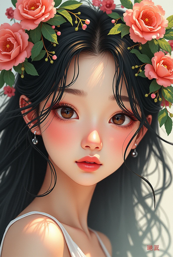 picture of a girl dressed in flowers, in the style of artgerm, loose linework, lush and detailed, detailed facial features, cottagecore, nature-inspired, close-up intensity