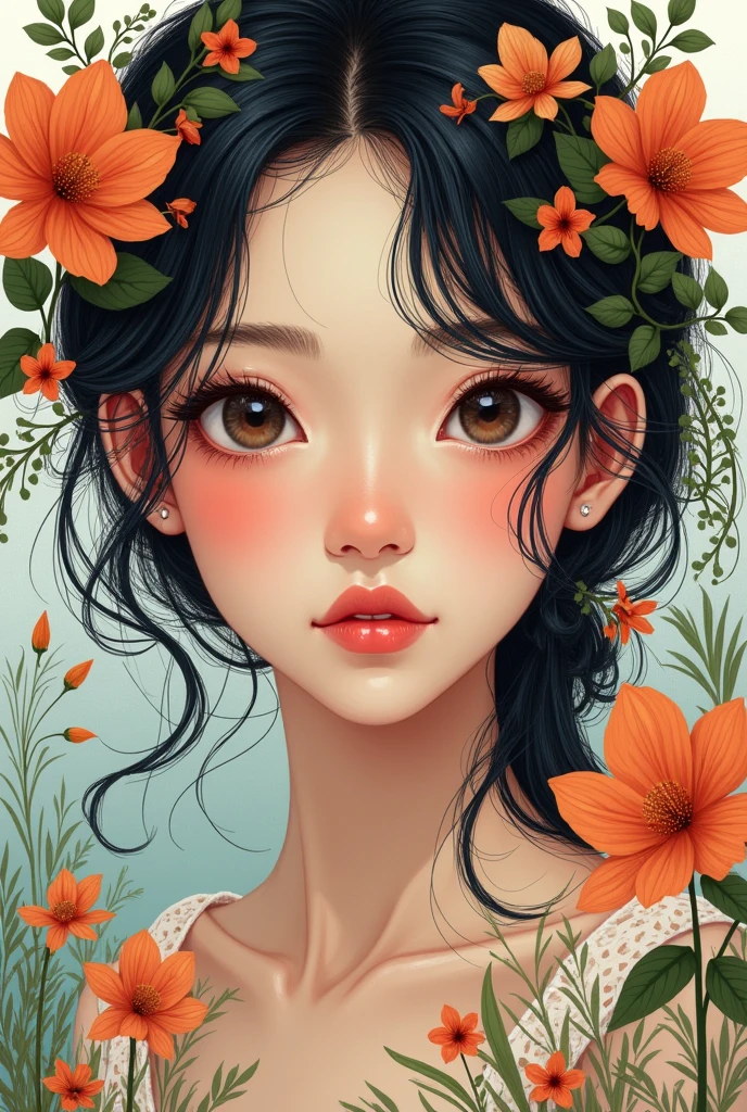 picture of a girl dressed in flowers, in the style of artgerm, loose linework, lush and detailed, detailed facial features, cottagecore, nature-inspired, close-up intensity