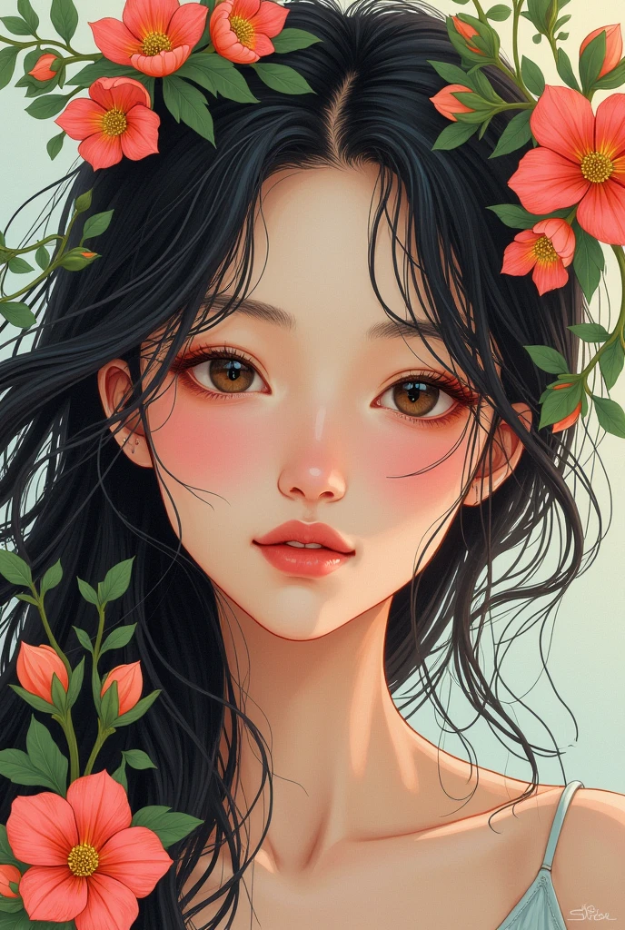 picture of a girl dressed in flowers, in the style of artgerm, loose linework, lush and detailed, detailed facial features, cottagecore, nature-inspired, close-up intensity