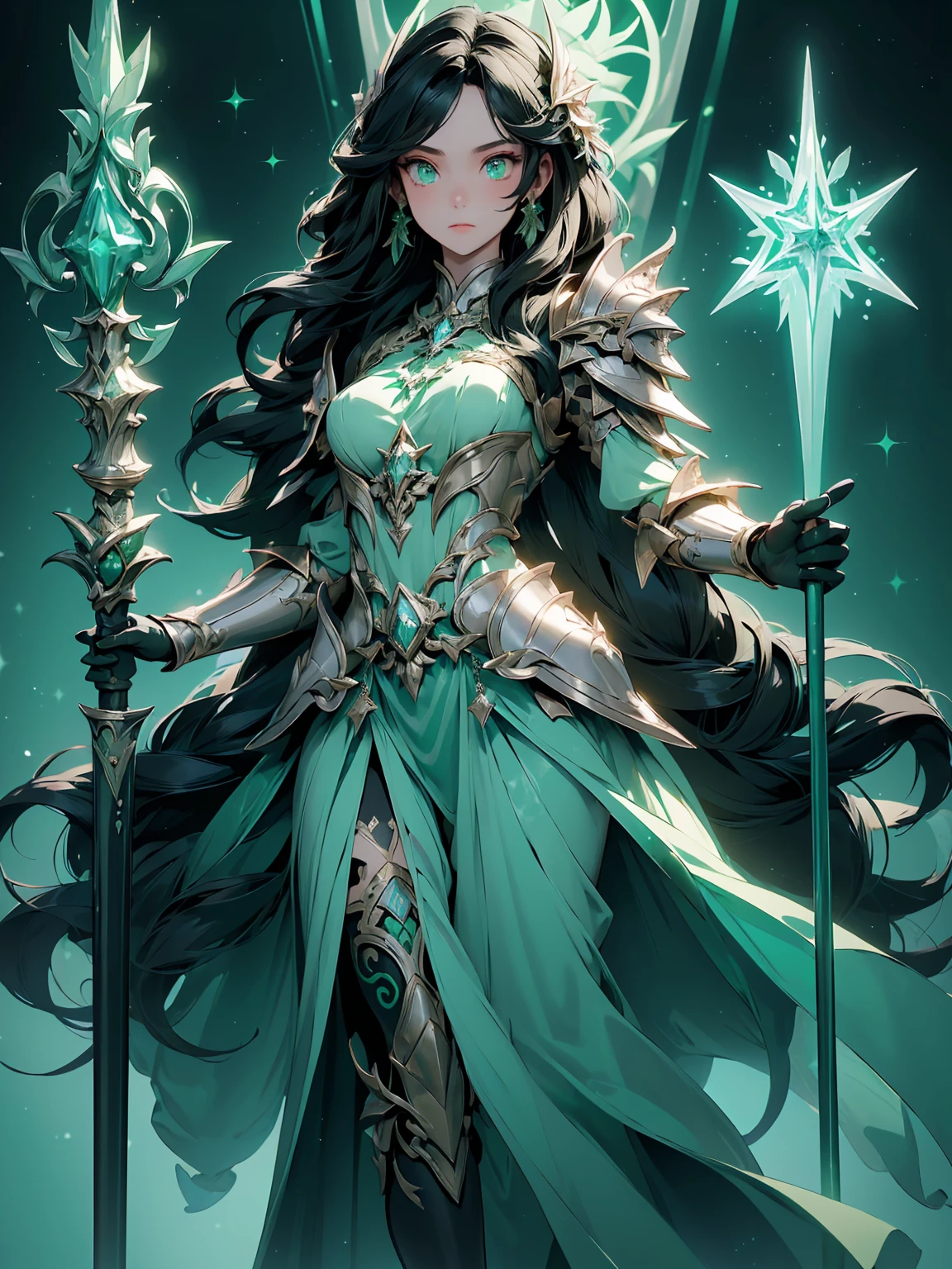(((Masterpiece, best quality, 16k))) female character with long black hair and glowing green eyes. She wears an ethereal armor in silver, gold, and blue. wields a mystical staff with a floating crystal. The character has a serene expression, with a tranquil forest as the background. ((full body front view)). ((slender)), (extremely detailed:1.5), (long black hair:1.2), (glowing green eyes:1.2), (tranquil forest:1.1), (ethereal armor:1.3), (mystical staff:1.3).