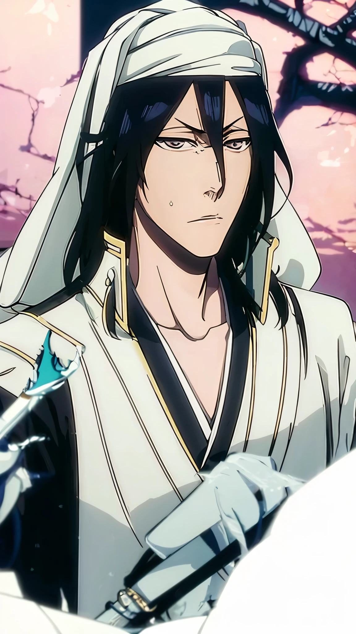 Byakuya Kuchiki from Bleach, handsome, male, black hair, medium-long hair, veil on head(kufiya), face detailed, perfect eyes,black clothes, pale skin, ((best quality)), ((master part)), ((detailed)), 16k, HDR, RTX, (masterpiece, aesthetic: 1.3), (1 man), perfect hands, (dynamic pose:1.2), close-up, portrait.