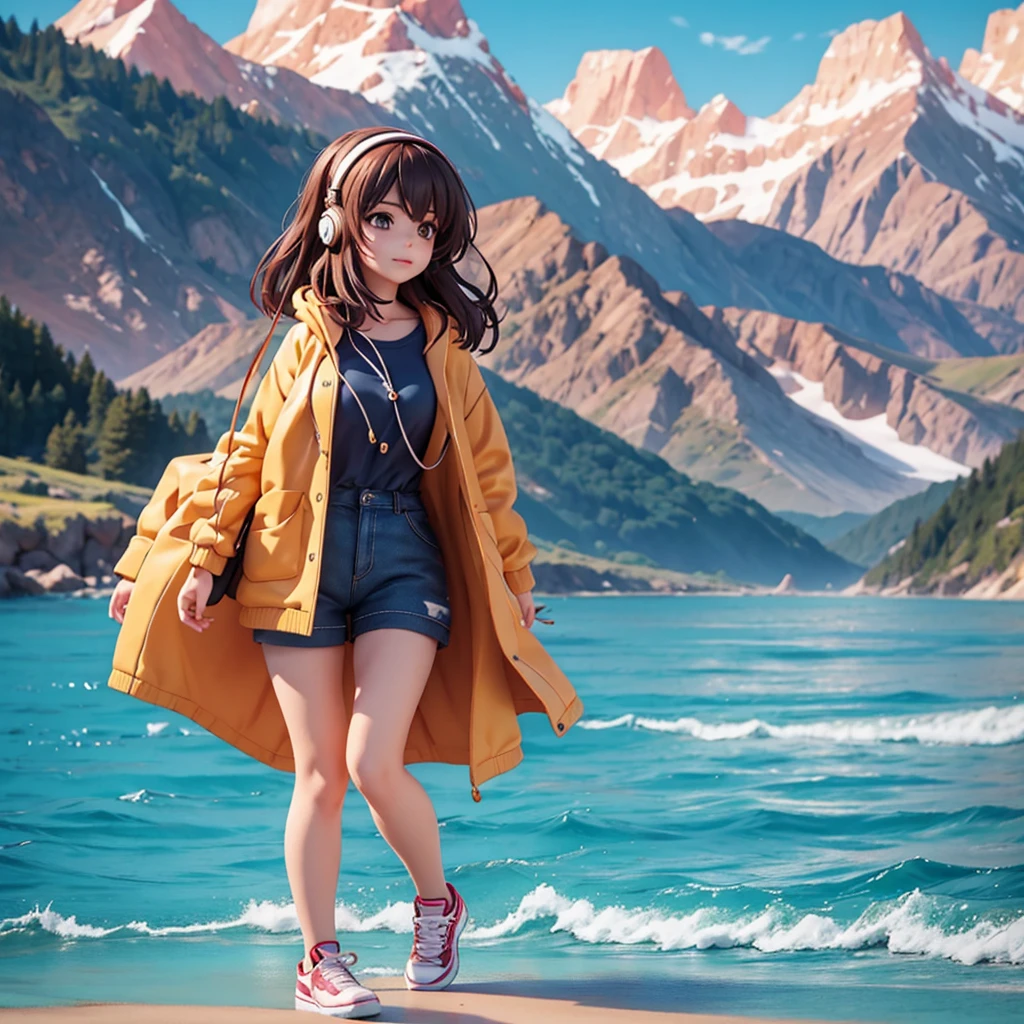 Make a picture of a beautiful woman in her 20s, using earphones, casual, with a background of mountains and ocean