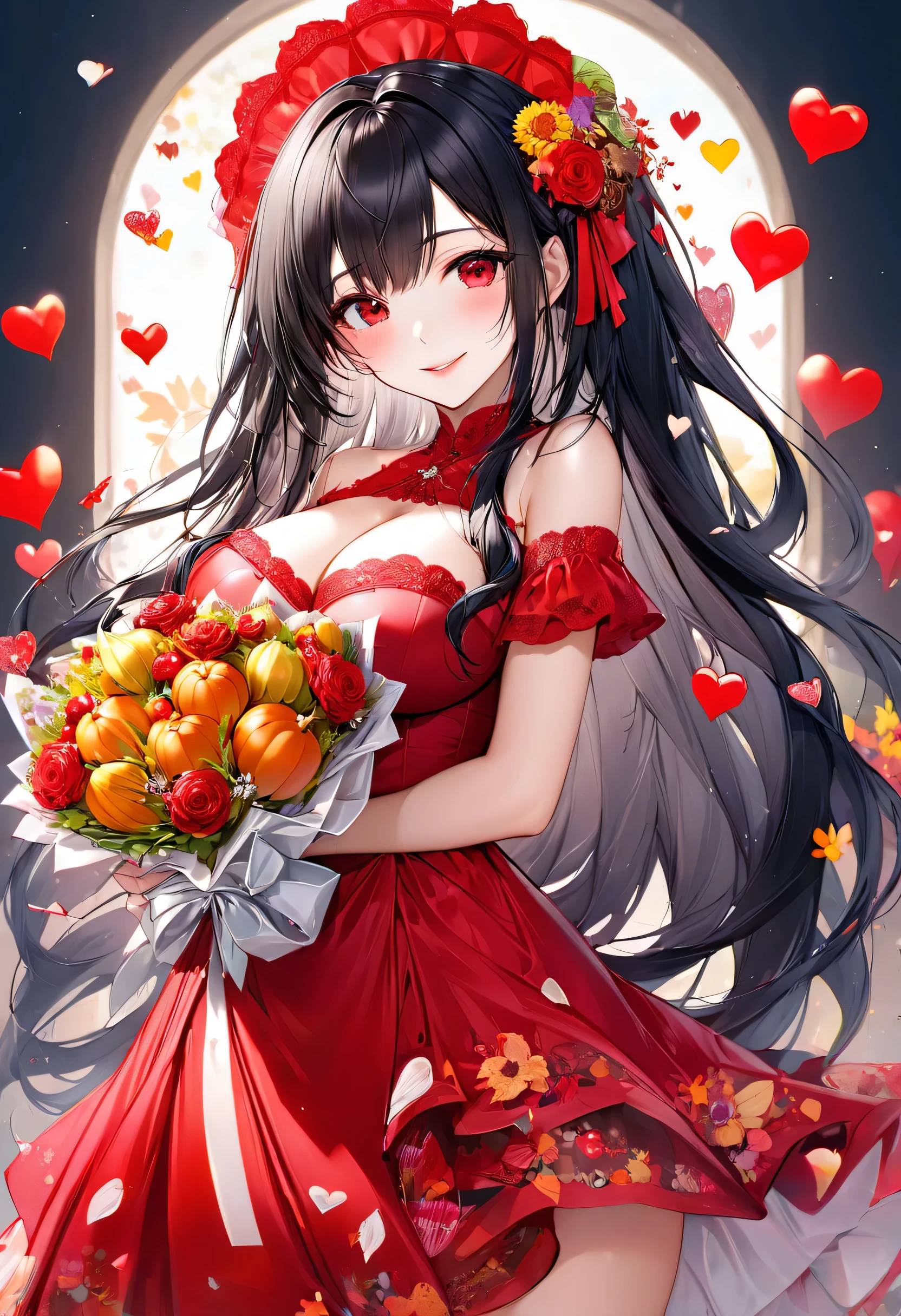 (thankyou "いくすん"), (Thanksgiving style), (solo:2 18yo) (detailed hime-cut:1.4) (immensely beautiful black hair very long hair), (beautiful y sadrl) (immensely sexy red s) (happy smile) (glossy lip) (big tits), i cool beauty redincess dress with double exposure:1.2 love hearts, break, hand holding a immensely beautiful bouquet, in the thanksgiving stage, background "thankyou", BREAK, perfect anatomy, masterpiece, best quality, 16k, beautiful detailed thanks, daydreaming expression.
