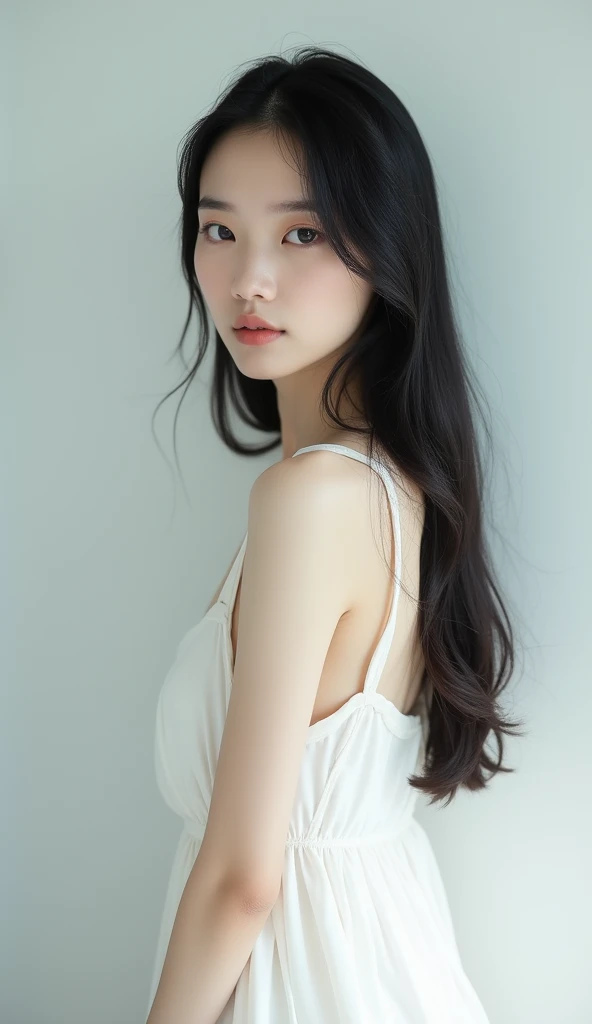 Very beautiful Japanese women, clear, Black Hair, Straight Long Hair, White Summer Dress