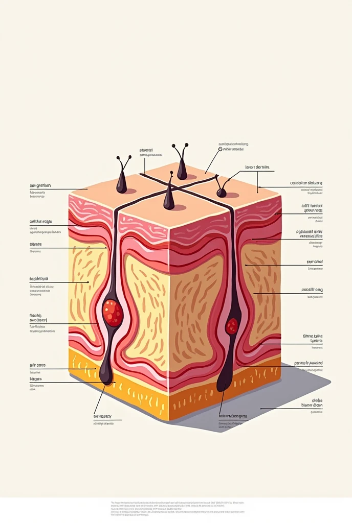 I am looking for an illustration of THE DERMIS AND EPIDERMIS with the following style: drawing style: Modern and vector, with smooth, clean lines, and vibrant colors. Cartoonish but realistic. Color: Using a palette of bright and contrasting colors that are pleasant and eye-catching. FORMAT: Illustrations arranged in a book or manual style. This illustration is intended for a guidance and training manual, so it must be clear, accessible and visually appealing."
