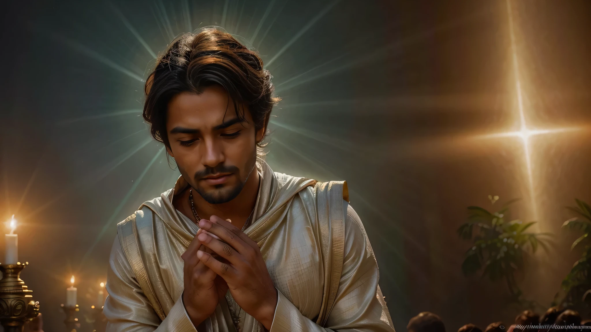 Create a vivid and emotional image of a man on his knees glorifying his deity. The scene should depict the man in an act of reverence, with expressive gestures and a focused, passionate expression. Highlight his facial features, such as his facial structure, skin tone, and any distinguishing features (e.g., hairstyle, eye color). The deity should be represented with grandeur and light, possibly surrounded by ethereal elements like rays of light or a halo. The setting should enhance the sense of divinity, such as a celestial or sacred environment. The overall composition should capture the profound sense of worship and the powerful connection between the man and his deity