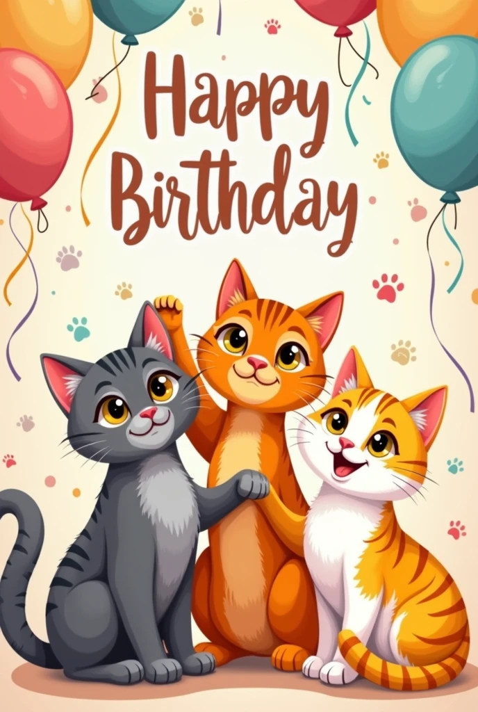 A birthday sign for cats with the names of "Collin, Milly y Memphis" Collin being a gray cat, Milly an orange cat and Memphis a yellow and white cat