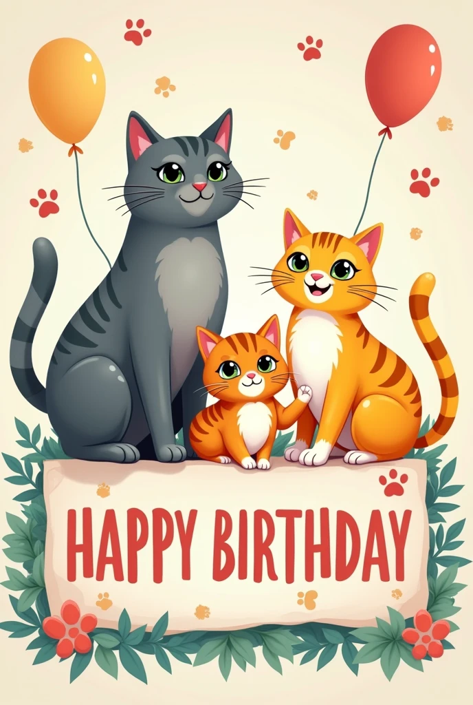 A birthday sign for cats with the names of "Collin, Milly y Memphis" Collin being a gray cat, Milly an orange cat and Memphis a yellow and white cat