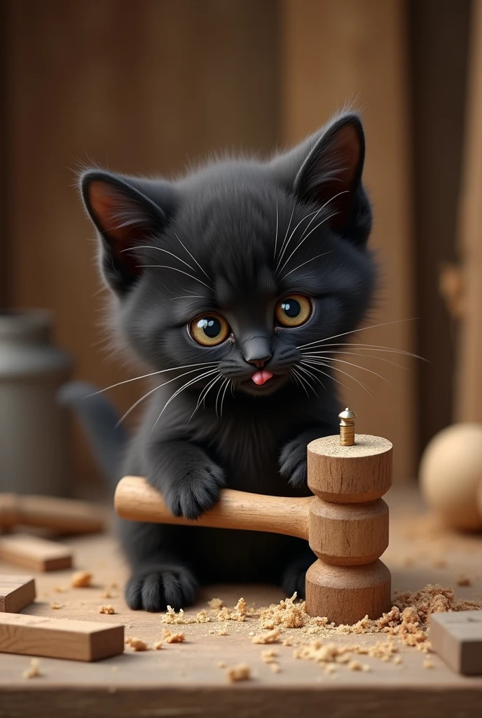 
black baby kitten who is a carpenter and is working with wood building a bench. With his little paws he handles the hammer and tries to drive a nail