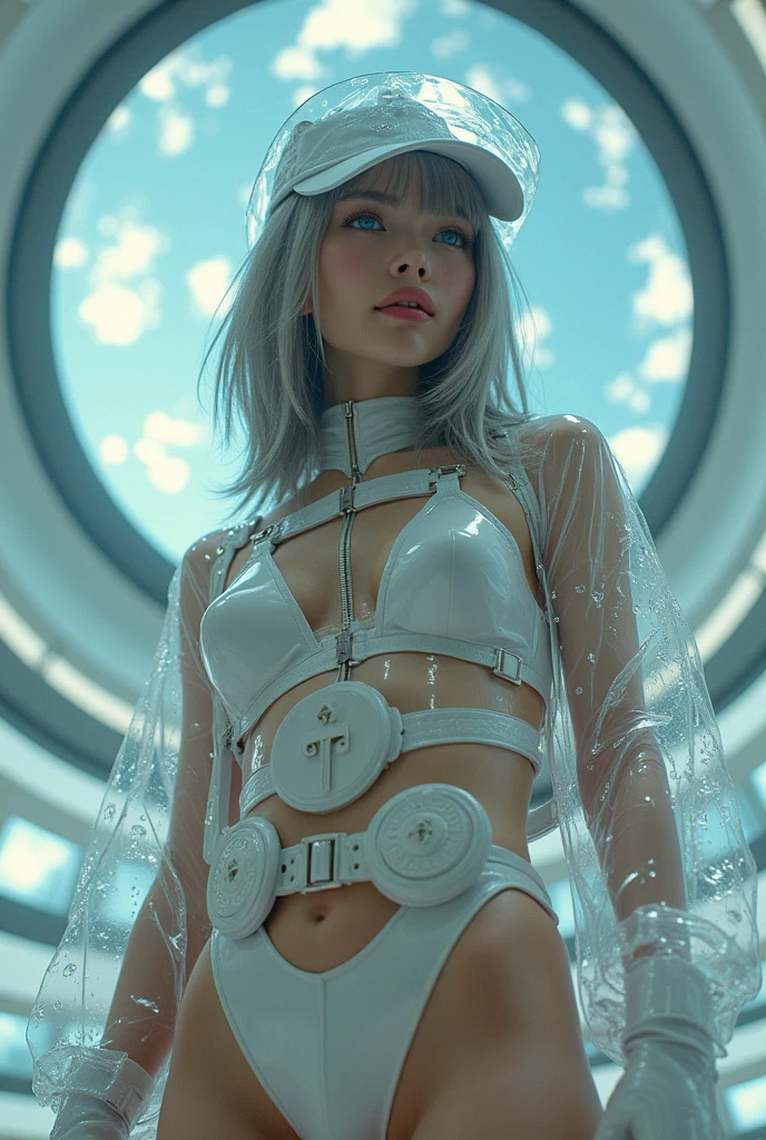 A masterpiece of the highest quality in high definition. Depict a mysterious and sophisticated young Japanese fashion model with ultra-realistic, avant-garde blue eyes. She wears a futuristic, sexy outfit made from clear, transparent latex. The outfit includes an oversized hoodie, long sleeves with reflective patterns, transparent leggings, an enamel belt, latex gloves, and ankle-length boots with chunky soles. She also wears a clear, transparent baseball cap. The model has a small head and face, with a happy expression, wide duck mouth, perfectly aligned large teeth, and droopy, shiny bright blue eyes. She has gray hair and is sitting, captivating the audience, with the angle shot from below to capture her entire body. Her figure is characterized by a very slim waist, huge breasts with bold cleavage, and a large rear, set against the backdrop of a futuristic colony