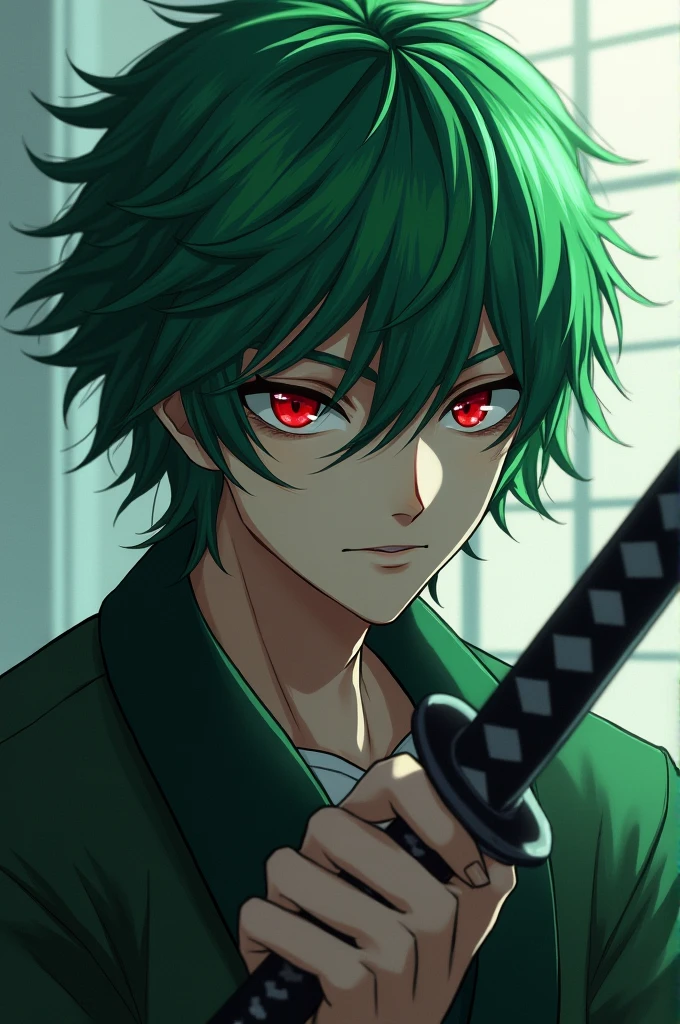 Man with green hair and red eyes with a katana 
