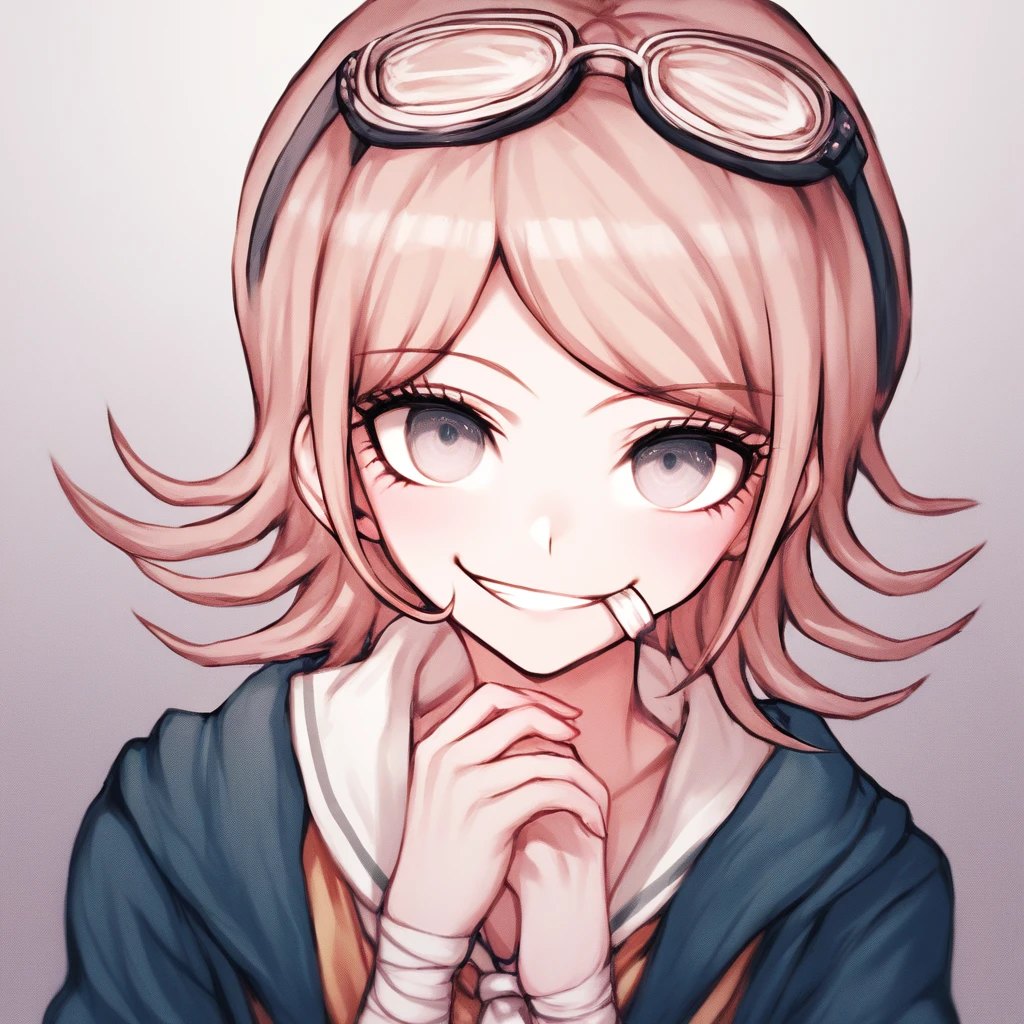  1girl, solo, glasses in the head, gradient eyes, smirk, pretty face, komatsuzaki Rui style, danganronpa style, bandage, cute mouth