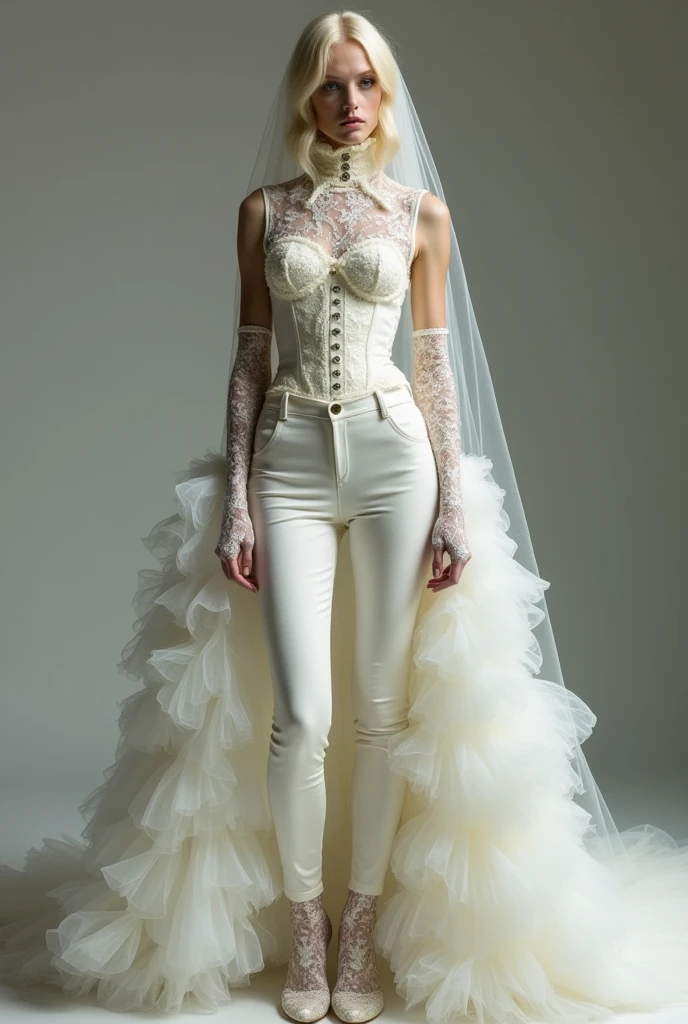 thin androgynous man, with blonde hair, rococo wedding dress. She wears a unique outfit that combines a dress with very tight pants.. The trousers are complemented by an impressive dress train that starts from the waist., with lots of tulle and fluffy, creating a majestic effect. while the top features corset, a full lace turtleneck to the waist, sleeveless, decorated with delicate ruffles and glassware details that add a touch of luxury. The outfit is completed with a bridal veil of more than five meters., mid-arm lace gloves.