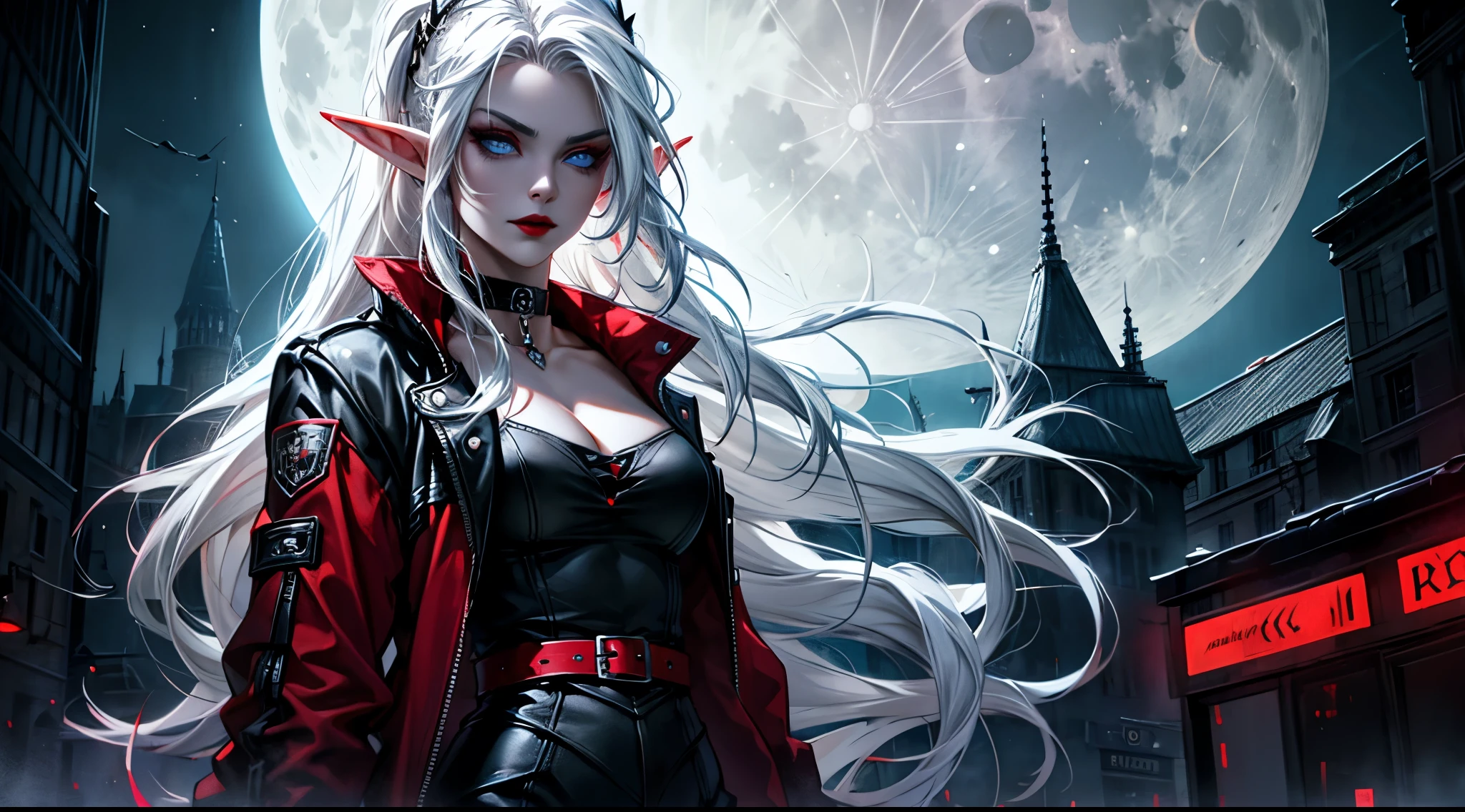 female elf, long white hair, blue eyes, black gothic choker, red jacket, black shirt, red lips, black makeup. A detailed eye. City at night background. full moon.