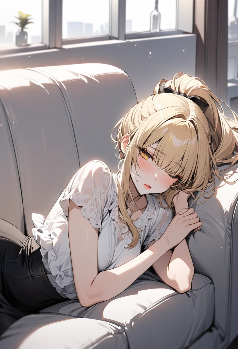 Highest quality masterpiece High resolution Long blonde hair ponytail Portraits Yellow Eyes Pale pink lips F Cup Fluffy body White blouse No sleeve Black tight skirt indoor Sleeping on the sofa