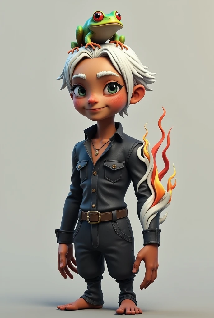 A realistic 3D character with white hair parted in the middle with a frog on top of the head a chest with flame details on the right arm white color on the left black color brown skin thin face male character 
