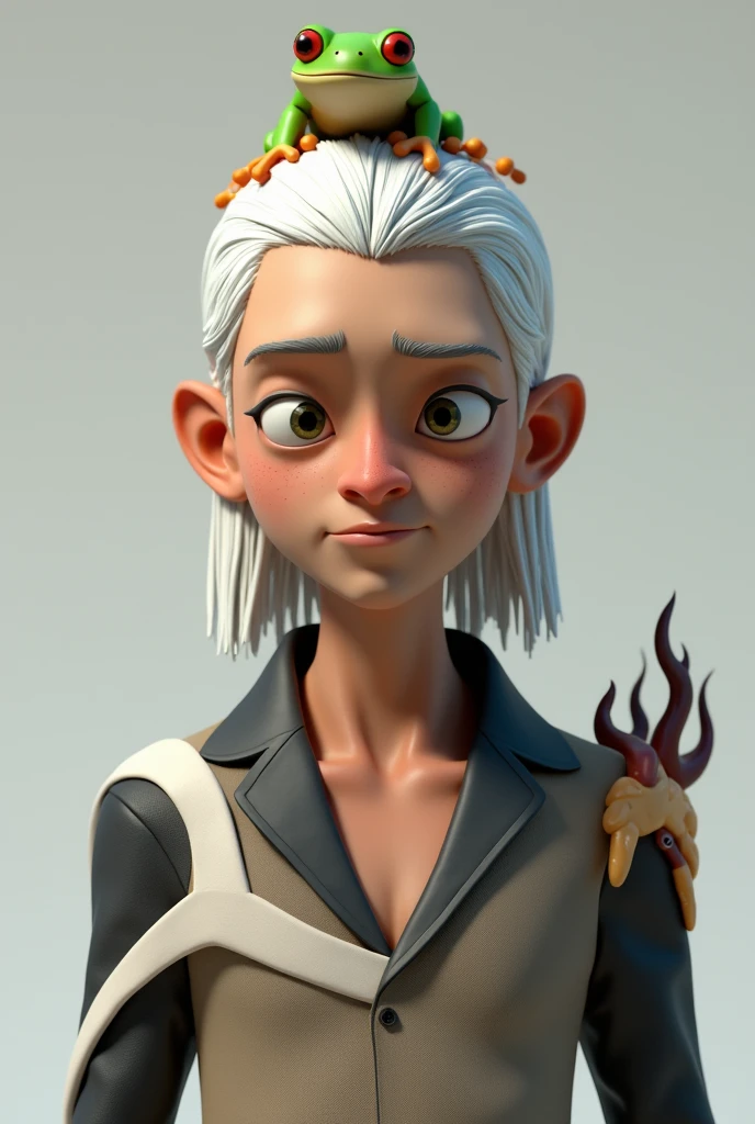 A realistic 3D character with white hair parted in the middle with a frog on top of the head a chest with flame details on the right arm white color on the left black color brown skin thin face male character