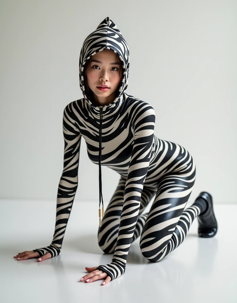 a beautiful and thin Asian and Chinese adult girl with a shiny and beautiful face wears zebra print lycra turtleneck unitard catsuit covered with stripes and always wear zebra print lycra dancewear hijab-like zentai hood covered with stripes.She is crawling!