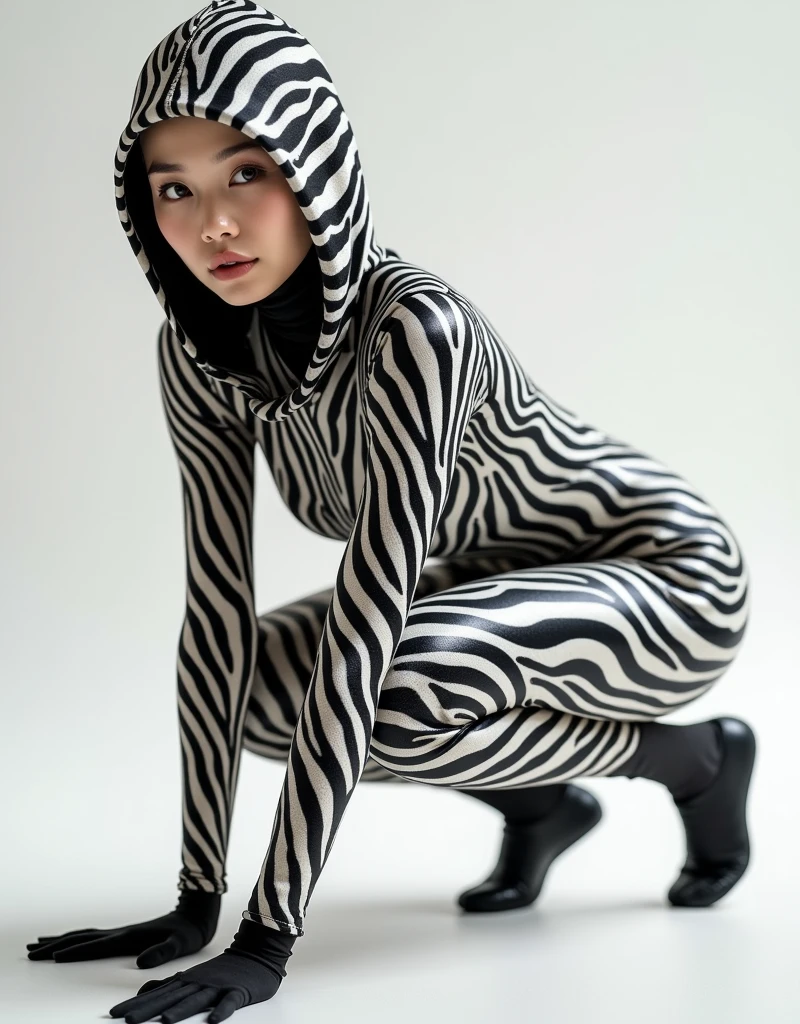  
a beautiful and thin Asian and Chinese adult girl with a shiny and beautiful face wears zebra print lycra turtleneck unitard catsuit covered with stripes and always wear zebra print lycra dancewear hijab-like zentai hood covered with stripes.She is crawling！