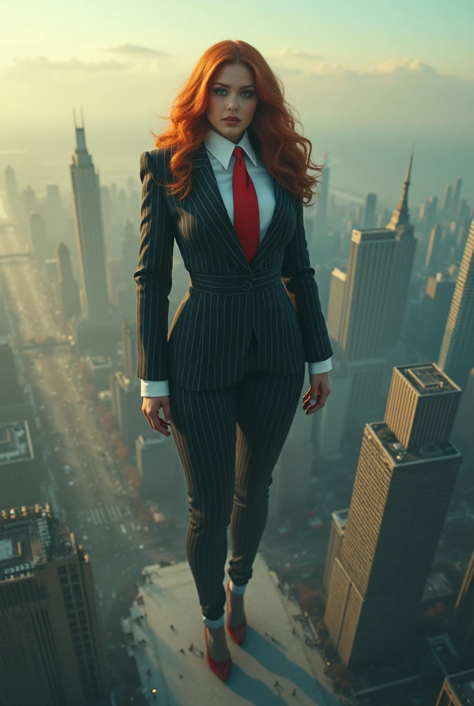 Sky View, multiple giantess, (10000 feet high), Have a pair of ultra long legs, crushing a with heels skyscraper ,many people in street, a pair of huge breasts, curvy, pinstriped suit,white tailored shirt, large red tie, Has ginger waist-length hair,Wearing a pair of platform heels,A look of enjoyment, Beautiful appearance,Exquisite makeup,quality, Cinema lighting,film grain,8k,textured skin,Super details,high detail,high quality,high resolution, smile, (high altitude photography, satellite view)(giga giantess)