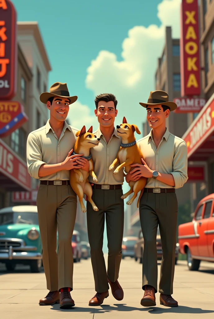 Create an animation set in the 50s where there are 3 men with the dog Laika in their arms