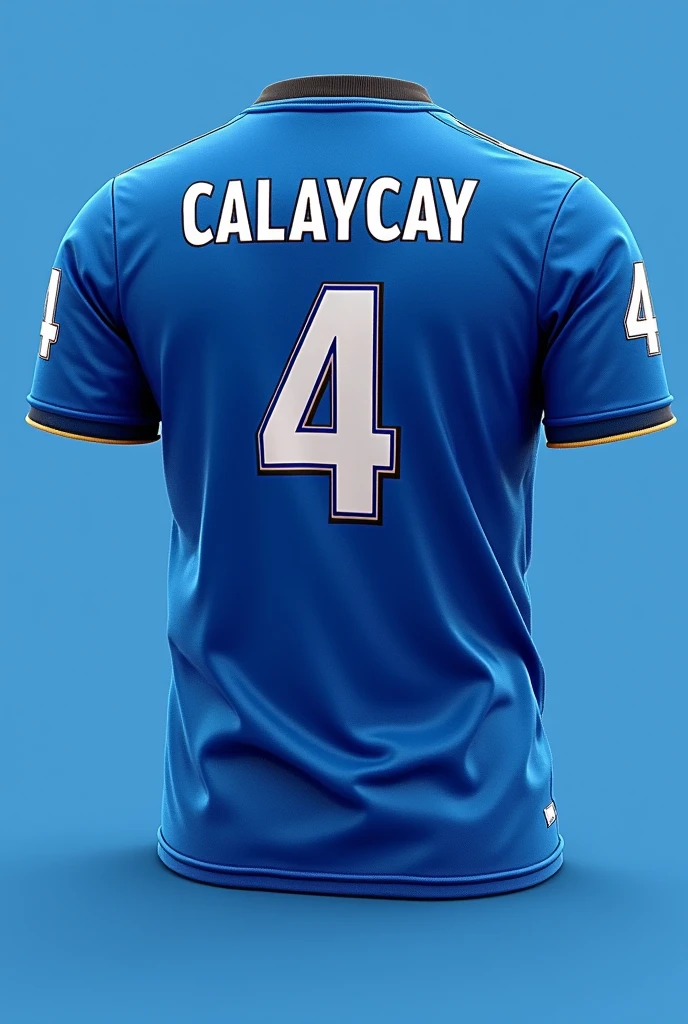 Blue jersey fo volleyball with my surname "CALAYCAY" and number "4". Design for front and back and ready to be printed pls