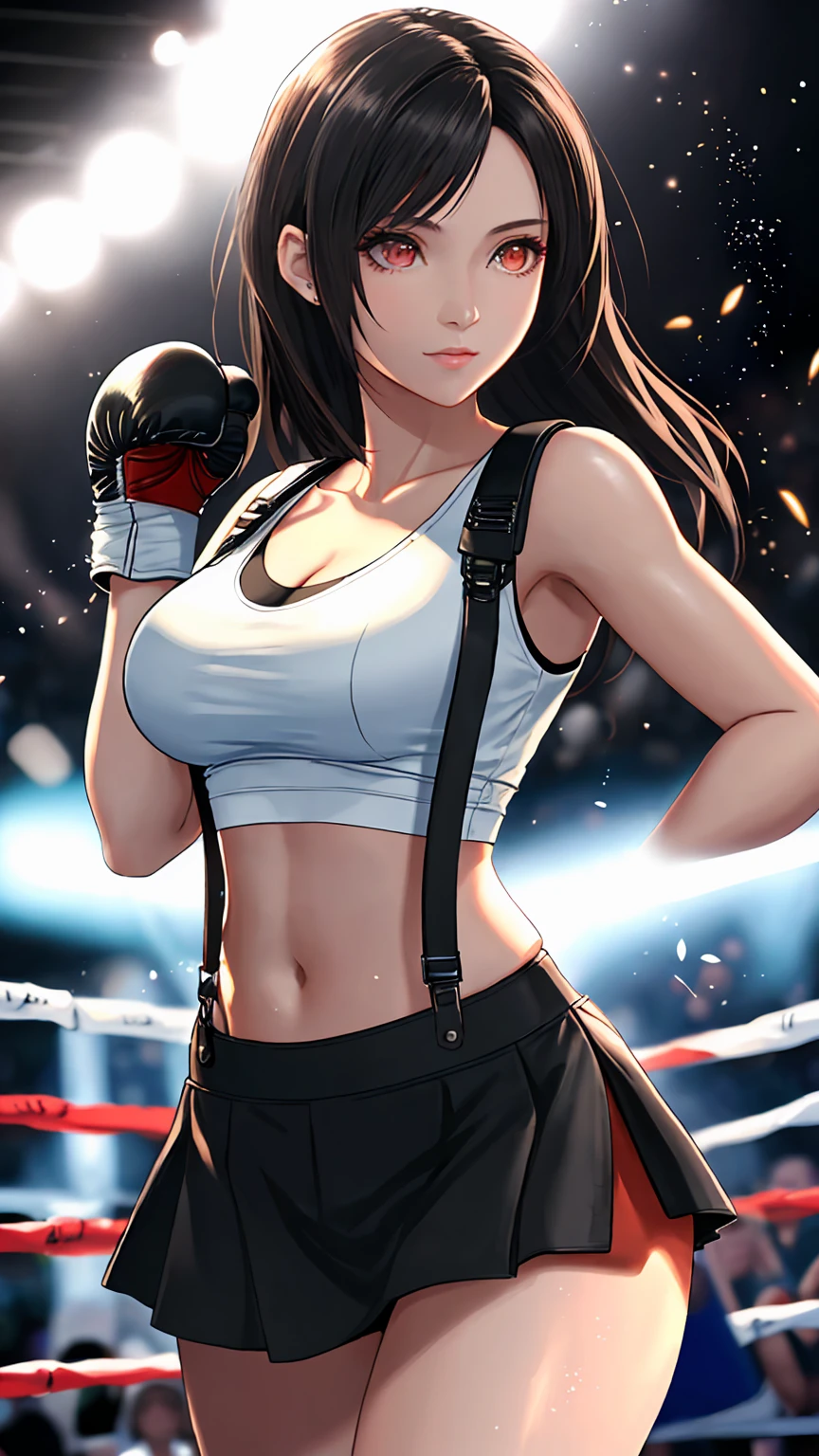 8k,masterpiece, BSET quality,big, (1 person), Tifa Lockhart, red_eye, Black Hair, Long Hair, Professional Lighting, (Glowing Skin: 1.2), shiny big, ((Highest quality)), Sharp focus: 1.2, Highly detailed face and skin texture, detailed eye, Perfect Face, Perfect body, Blur Art, CG, Background Big Tits, before (20-year-old, Mature, cool and beautiful face), Worn (Black skirt with suspenders), Boxing gloves, Boxing Ring, White Tight Shirt, thigh, White tank top, belly button,