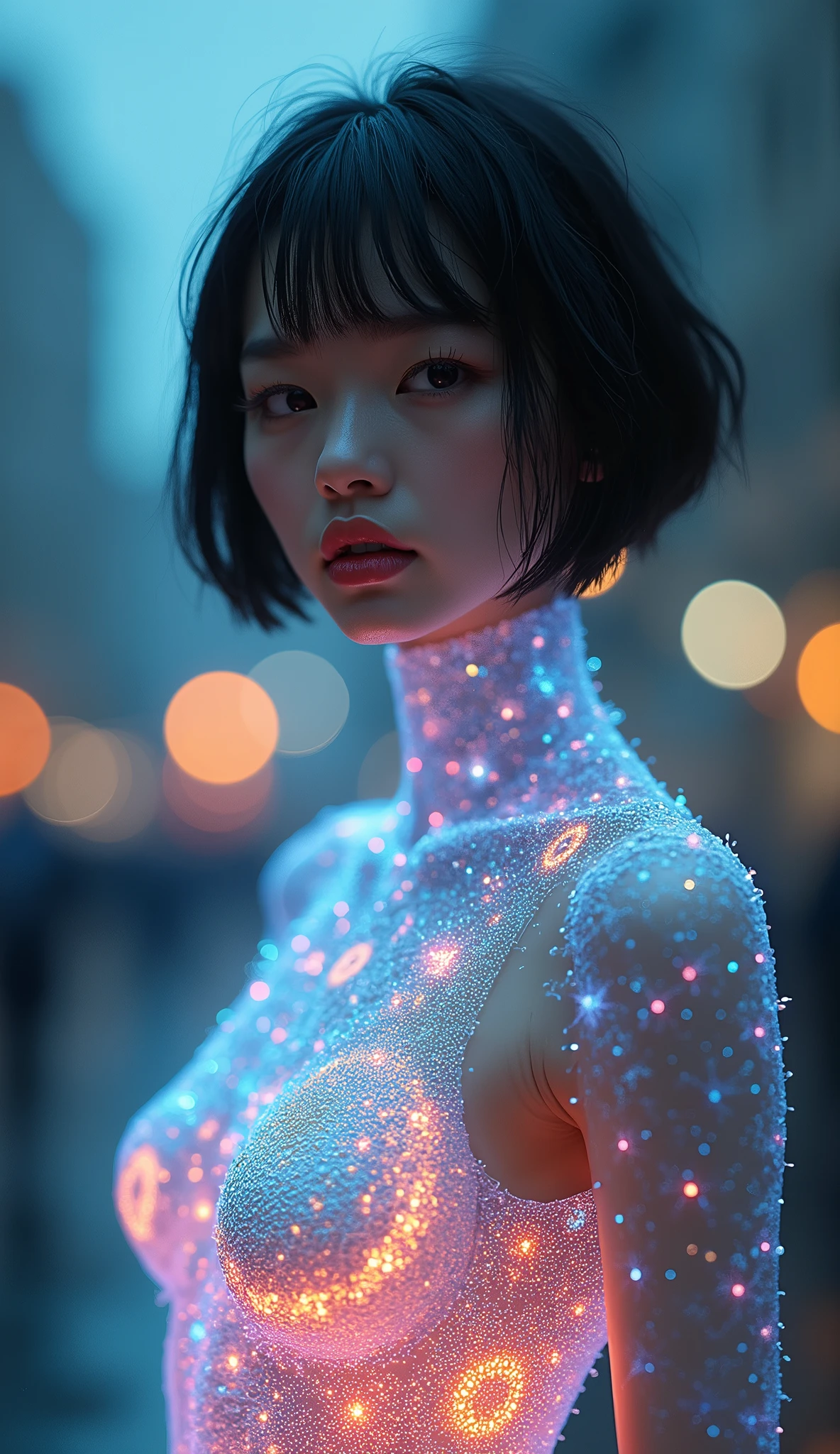 (masterpiece, best quality), 8K,(((Very detailed))), Race:1.8,Super intricate Race pattern, colorful Race pattern, (Transparent body with colored glass background:1.4) , Mandala,Light Up,cold, 1 female,Open back, 1、Japanese, Li Jie's photo, tumbler, Sexy body and sexy belly, Sexy Girls, Youthful and sensual elegance, Sexy body, Sexy look, Very short hair、Shot with city night scene as background、 Intelligent face、Willow Waist、Large Breasts、Saliva comes out、Smile、EOS 50mm f2, Blurred Background、yes、Brighten your face、whole body、Raise your hand、, high quality, (RAW photo, best quality), (realistic, photorealistic: 1.4), (extremely delicate and beautiful: 1.4), amazing, fine details, masterpiece, ultra detailed, high resolution, best illustration, best shadow, intricate, ( extremely intricate: 1.2), (exquisitely detailed skin), cinematic light, perfect anatomy, (cool color: 1.4), sharp focus, 8k UHD, DSLR, (Fujifilm XT3),Epic Fantasy Art Style HD, 4K fantasy art, epic fantasy digital art style, epic fantasy art style, Fantasy Woman, epic fantasy art portrait, Epic fantasy style, hyperrealistic fantasy art, hd fantasy art, Epic fantasy character art, epic fantasy art, in style of dark fantasy art, epic fantasy digital art, (pose americano :1.4)