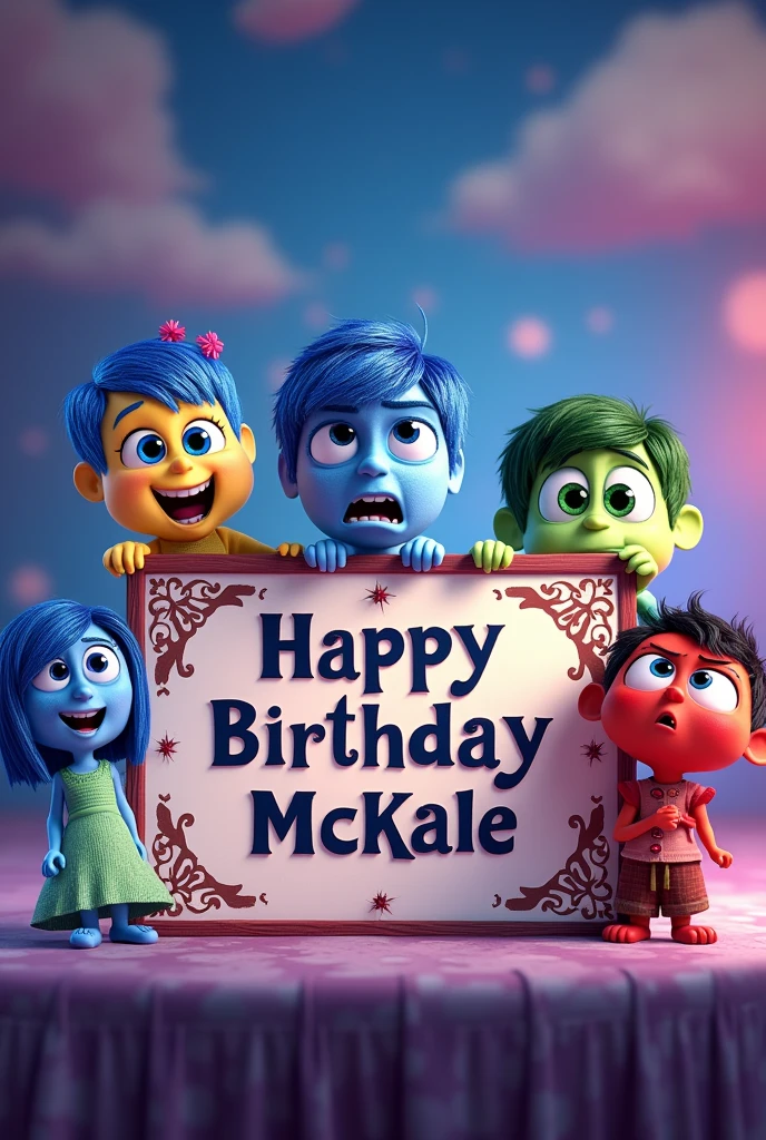 Happy Birthday Mckale  nameplate  in inside out characters on the side